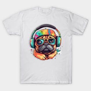 Cute Little Pug wearing Headphone T-Shirt